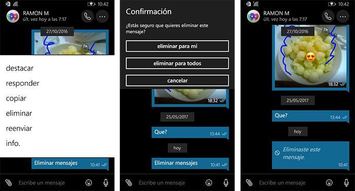 imagen WhatsApp para Windows 10 Mobile eliminar mensajes